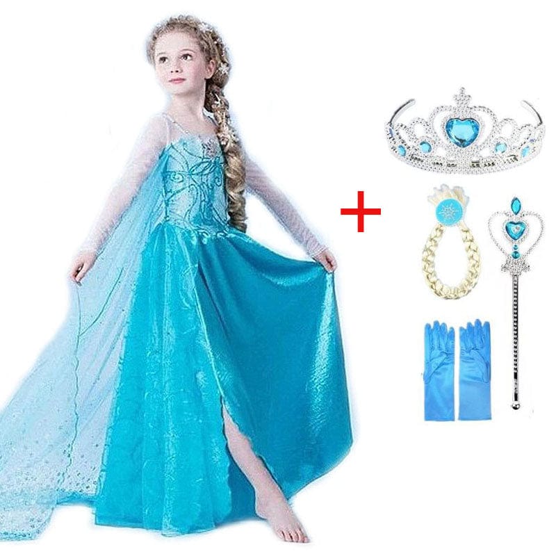 Prinsessenkostuum Blauw met Accessoires voor Kinderen 3-10 Jaar | Complete Set met Tiara Handschoenen Toverstaf | Verkleedkleding Feestkleding