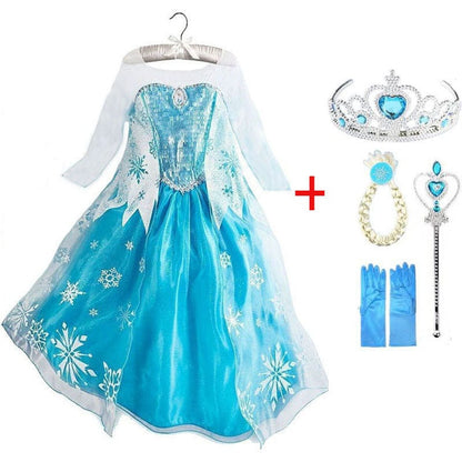 Prinsessenkostuum Blauw met Accessoires voor Kinderen 3-10 Jaar | Complete Set met Tiara Handschoenen Toverstaf | Verkleedkleding Feestkleding