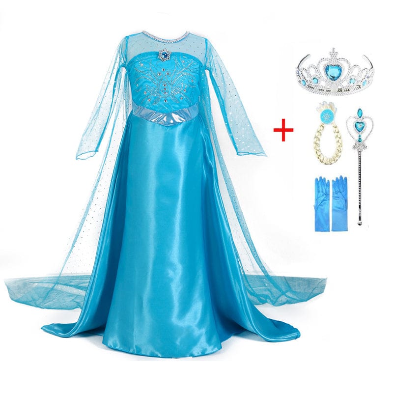 Prinsessenkostuum Blauw met Accessoires voor Kinderen 3-10 Jaar | Complete Set met Tiara Handschoenen Toverstaf | Verkleedkleding Feestkleding
