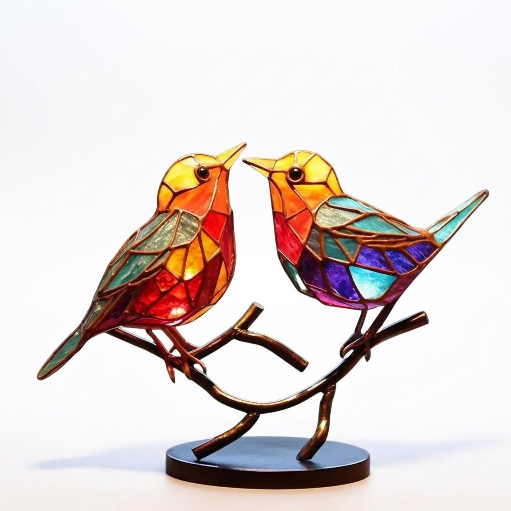 Decoratieve Glazen Vogels op Tak — Kleurrijke Bureaubladornamenten voor Natuur in je Interieur