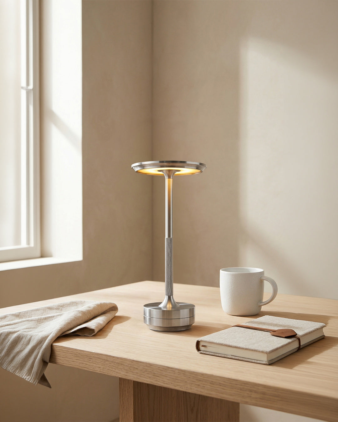 Oplaadbare LED Tafellamp met Dimfunctie Cilindervorm Metaal Draadloze Sfeerlamp