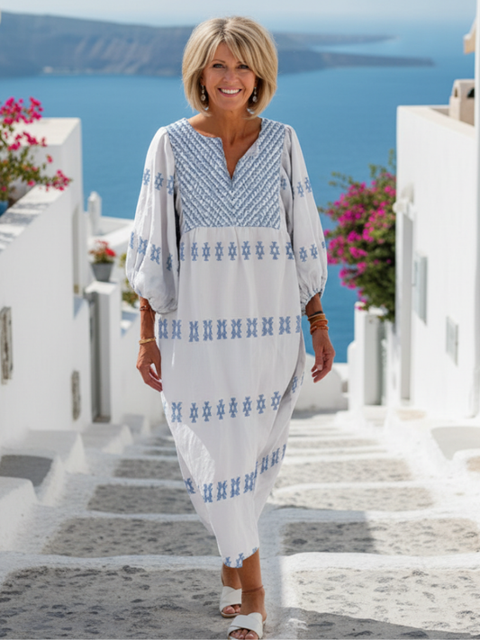 Dames Maxi Jurk Geborduurd Lange Mouwen Ademend - StudioMarella