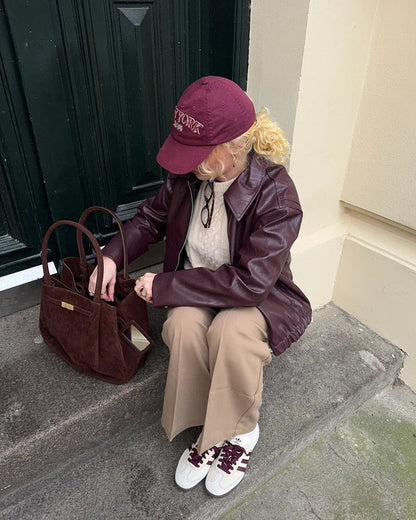 Dames Jas Zwart PU Leer Winter Coat Bordeaux Rood