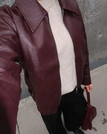 Dames Jas Zwart PU Leer Winter Coat Bordeaux Rood
