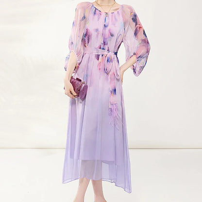 Zomerjurk Dames Bloemenprint Chiffon Jurk Losse Vrouwenjurk