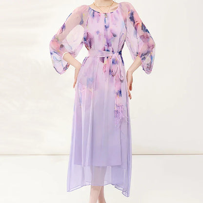 Zomerjurk Dames Bloemenprint Chiffon Jurk Losse Vrouwenjurk