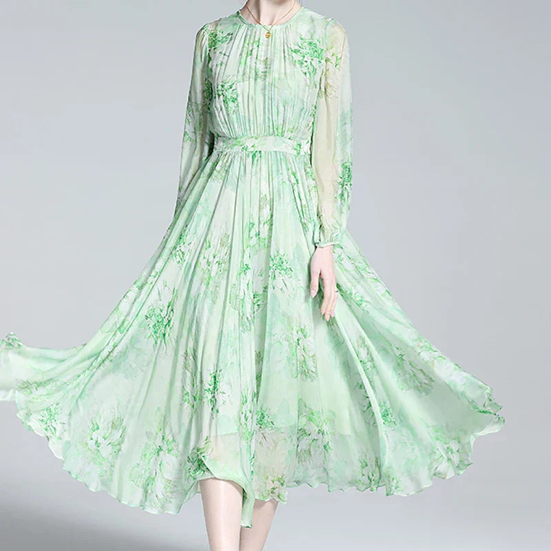 Zijden Jurk Bloemenprint Elegante Zomerjurk voor Vrouw