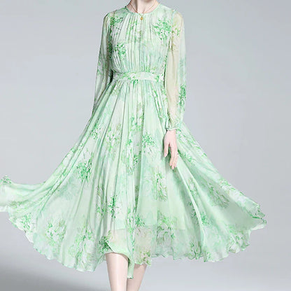 Zijden Jurk Bloemenprint Elegante Zomerjurk voor Vrouw