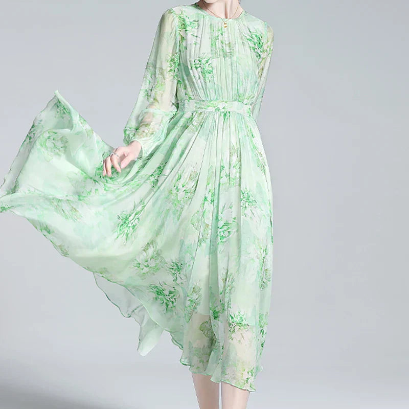 Zijden Jurk Bloemenprint Elegante Zomerjurk voor Vrouw