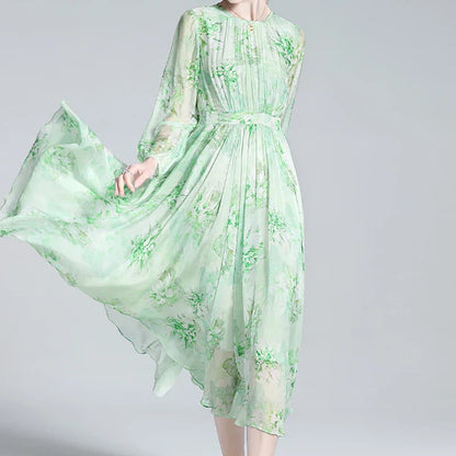 Zijden Jurk Bloemenprint Elegante Zomerjurk voor Vrouw