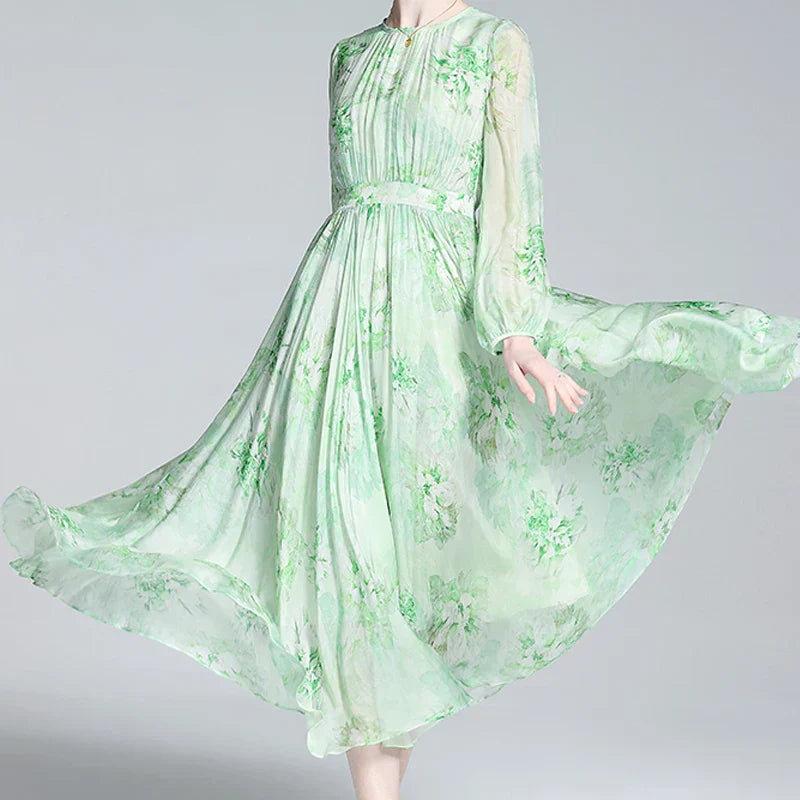 Zijden Jurk Bloemenprint Elegante Zomerjurk voor Vrouw