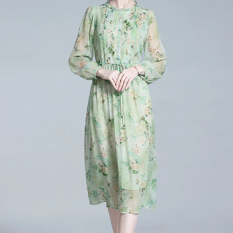 Vrouwen Jurk Groene Bloemenprint Chiffon Zomerjurk