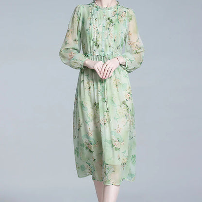 Vrouwen Jurk Groene Bloemenprint Chiffon Zomerjurk
