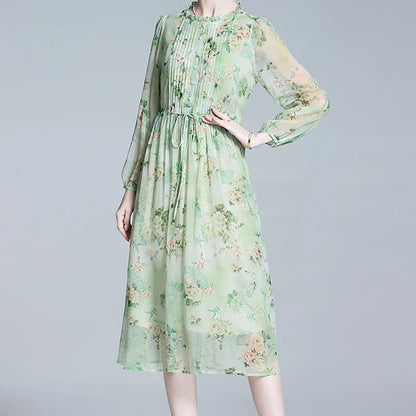 Vrouwen Jurk Groene Bloemenprint Chiffon Zomerjurk