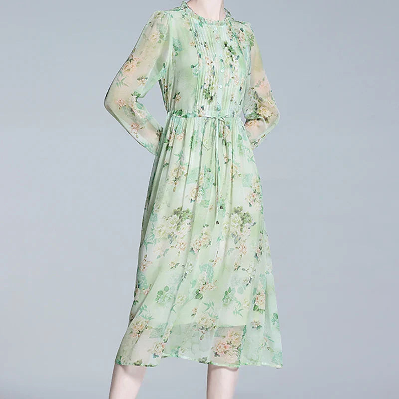 Vrouwen Jurk Groene Bloemenprint Chiffon Zomerjurk
