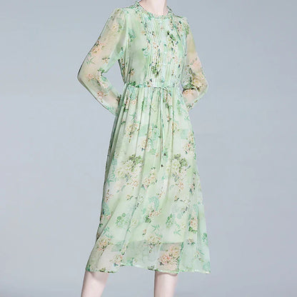 Vrouwen Jurk Groene Bloemenprint Chiffon Zomerjurk