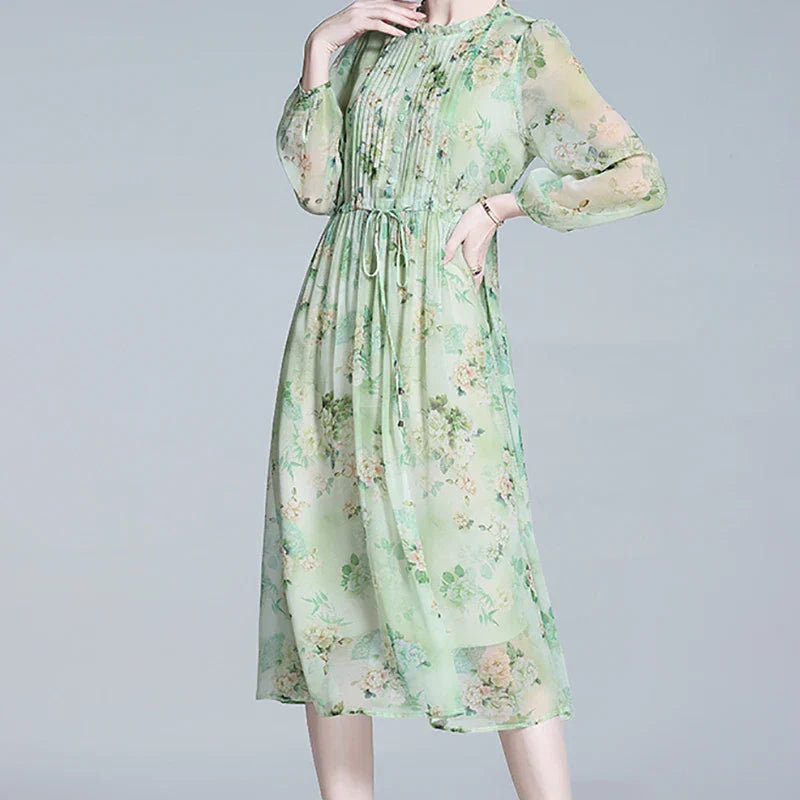 Vrouwen Jurk Groene Bloemenprint Chiffon Zomerjurk