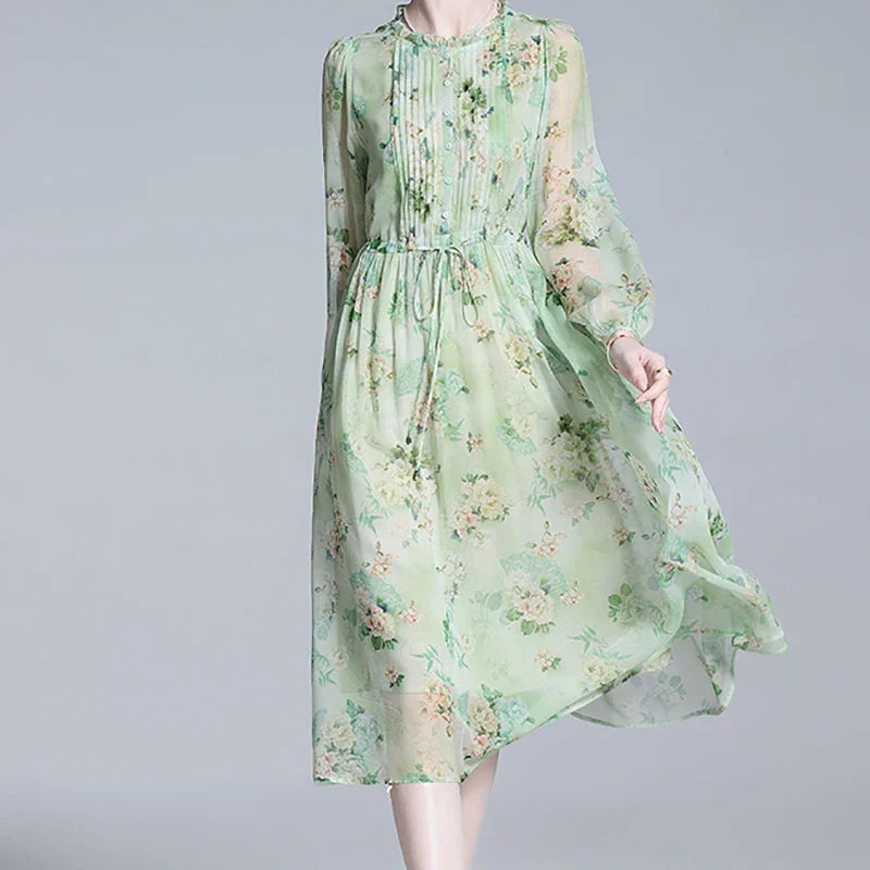 Vrouwen Jurk Groene Bloemenprint Chiffon Zomerjurk