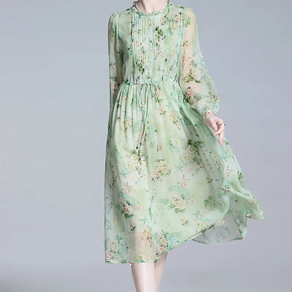 Vrouwen Jurk Groene Bloemenprint Chiffon Zomerjurk