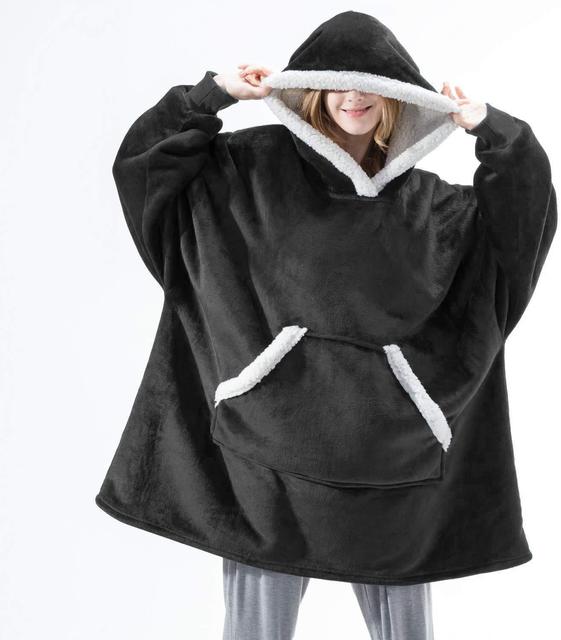 Oversized Sherpa Fleece Deken Hoodie Grijs Roze Zwart Blauw Geruit Rood Extra Warm en Zacht One Size Loungewear Huisdeken met Capuchon en Zakken