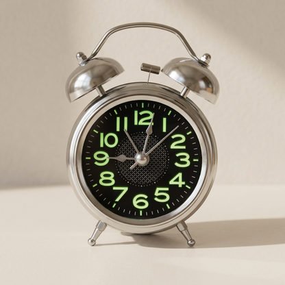 Retro Wekker met Dubbele Bel Zilverkleurige Metalen Behuizing Stille Quartz Beweging Nachtlicht Mechanisch Alarm voor Diepe Slapers Glazen Voorplaat 10cm Klassiek Design Batterijvoeding
