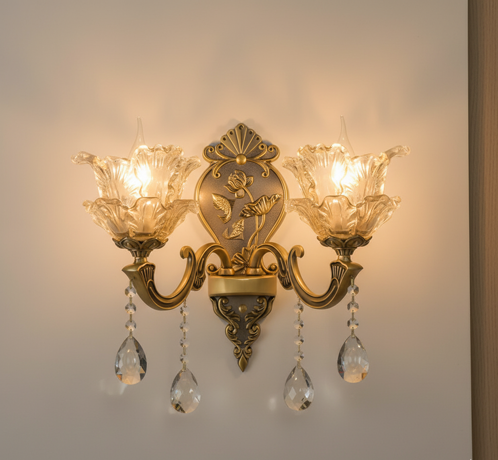 Vintage Wandlamp Goud Glas Dubbele Klassiek Warm Wit Licht Binnenwandlamp E14 Slaapkamer Woonkamer Hal Decoratief Verlichting Muurlamp
