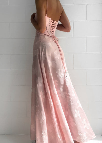 Roze Maxi Jurk met Corset Sluiting en Jacquard Patronen