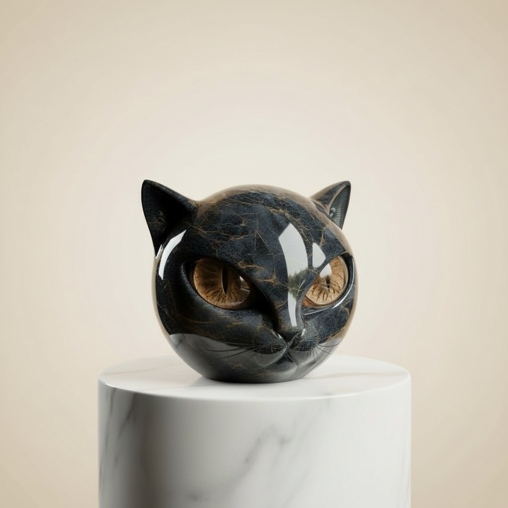 Decoratieve Kattenkop Sculptuur – Glanzende Afwerking met Hypnotiserende Ogen