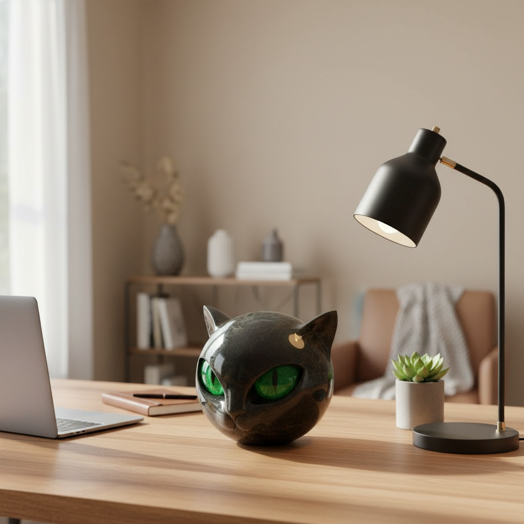 Decoratieve Kattenkop Sculptuur – Glanzende Afwerking met Hypnotiserende Ogen