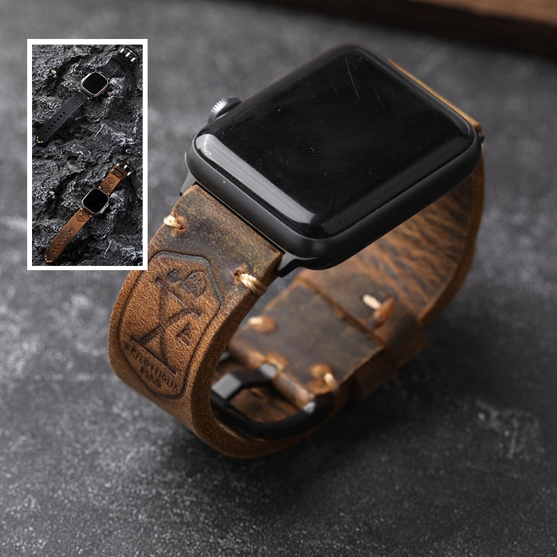 Vintage Leren Horlogeband voor Apple Watch met Handgestikte Naden en Volledig Narfleder Afwerking | Verstelbare Bandje 40-49mm voor Authentieke Retro Look Patina Ontwikkeling