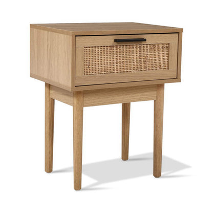 Nachtkastje met Rotan Lade en Houten Poten – Compact Boho Design 40 cm