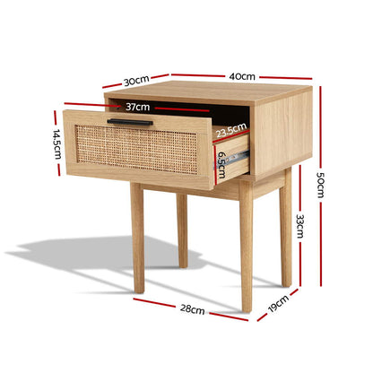 Nachtkastje met Rotan Lade en Houten Poten – Compact Boho Design 40 cm