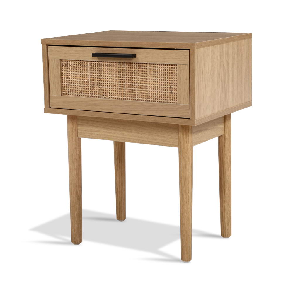 Nachtkastje met Rotan Lade en Houten Poten – Compact Boho Design 40 cm
