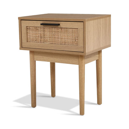 Nachtkastje met Rotan Lade en Houten Poten – Compact Boho Design 40 cm