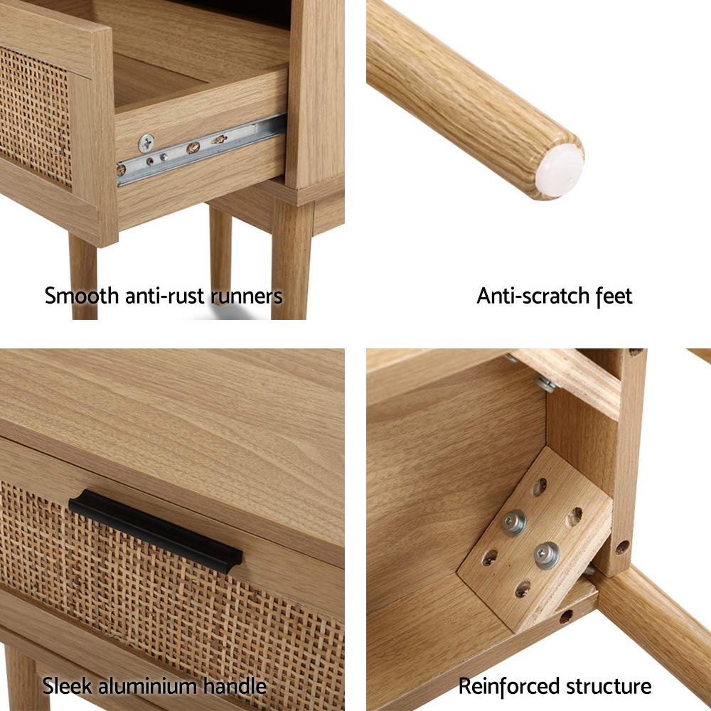 Nachtkastje met Rotan Lade en Houten Poten – Compact Boho Design 40 cm