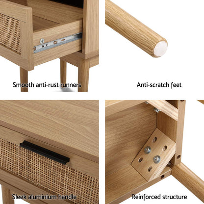 Nachtkastje met Rotan Lade en Houten Poten – Compact Boho Design 40 cm