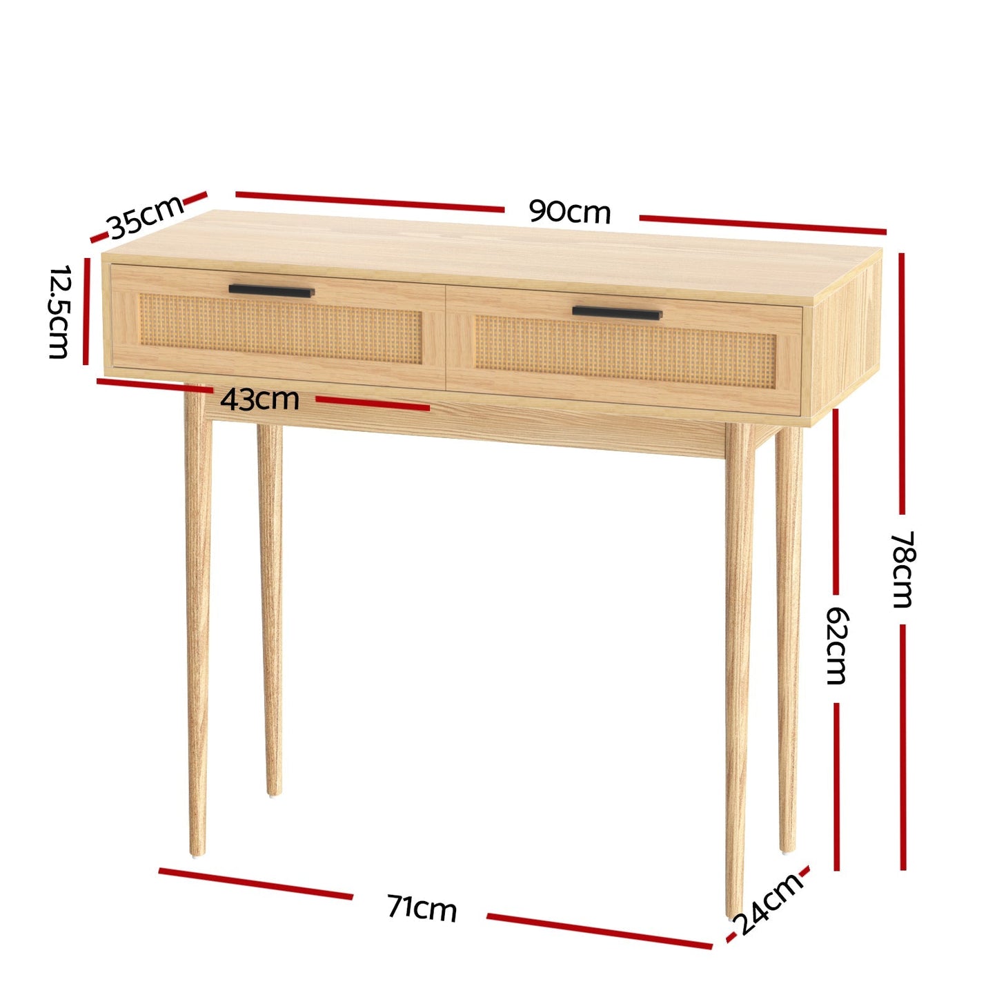 Console Tafel met Rotan Lades en Massief Houten Poten – Boho Haltafel 90 cm