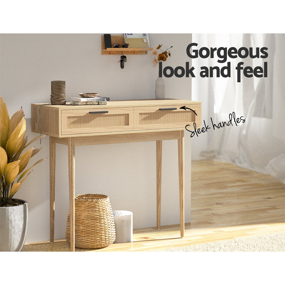 Console Tafel met Rotan Lades en Massief Houten Poten – Boho Haltafel 90 cm