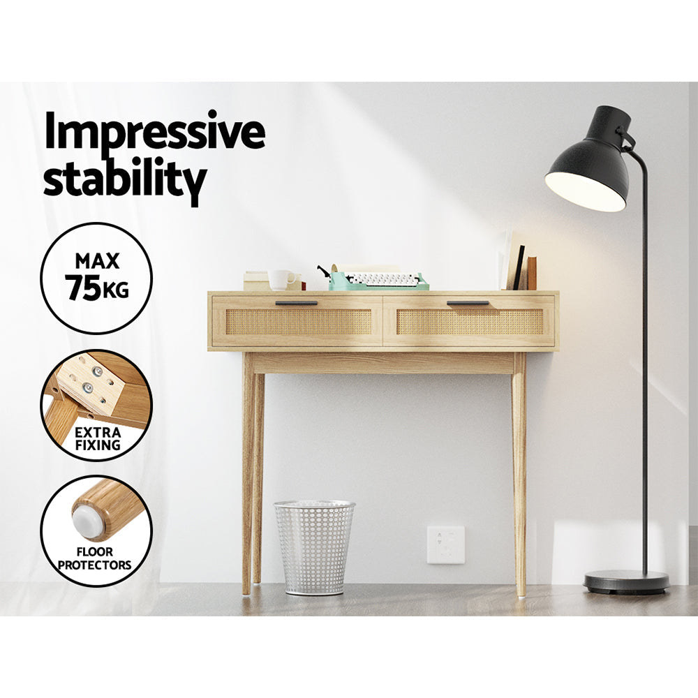 Console Tafel met Rotan Lades en Massief Houten Poten – Boho Haltafel 90 cm