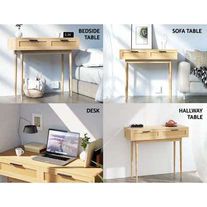 Console Tafel met Rotan Lades en Massief Houten Poten – Boho Haltafel 90 cm