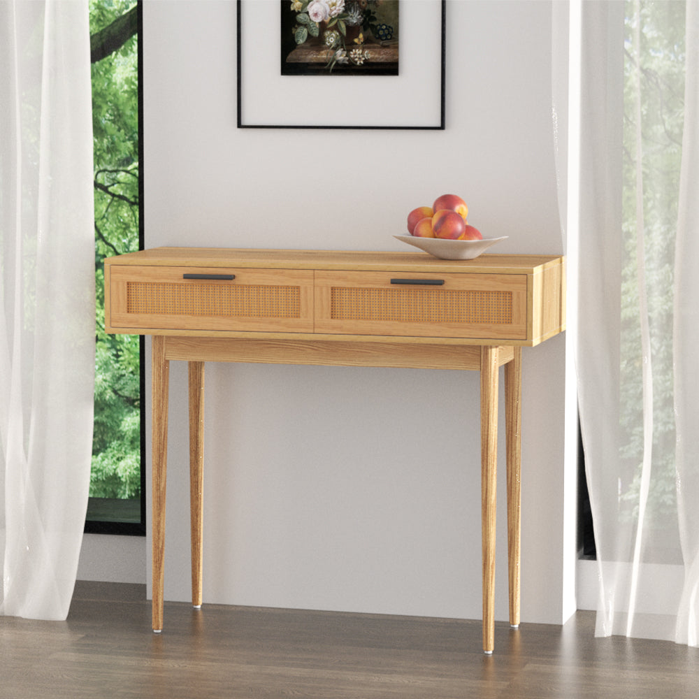 Console Tafel met Rotan Lades en Massief Houten Poten – Boho Haltafel 90 cm