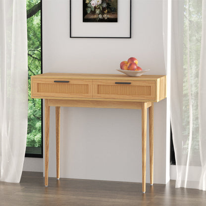 Console Tafel met Rotan Lades en Massief Houten Poten – Boho Haltafel 90 cm