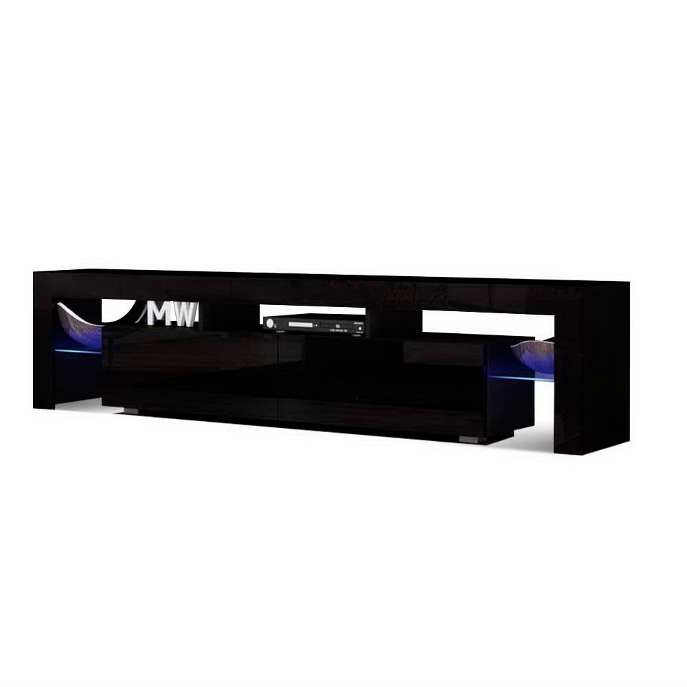 Moderne TV Meubel met RGB LED Verlichting 189 cm – Zwart Hoogglans Entertainment Unit met Lades en Glazen Plank
