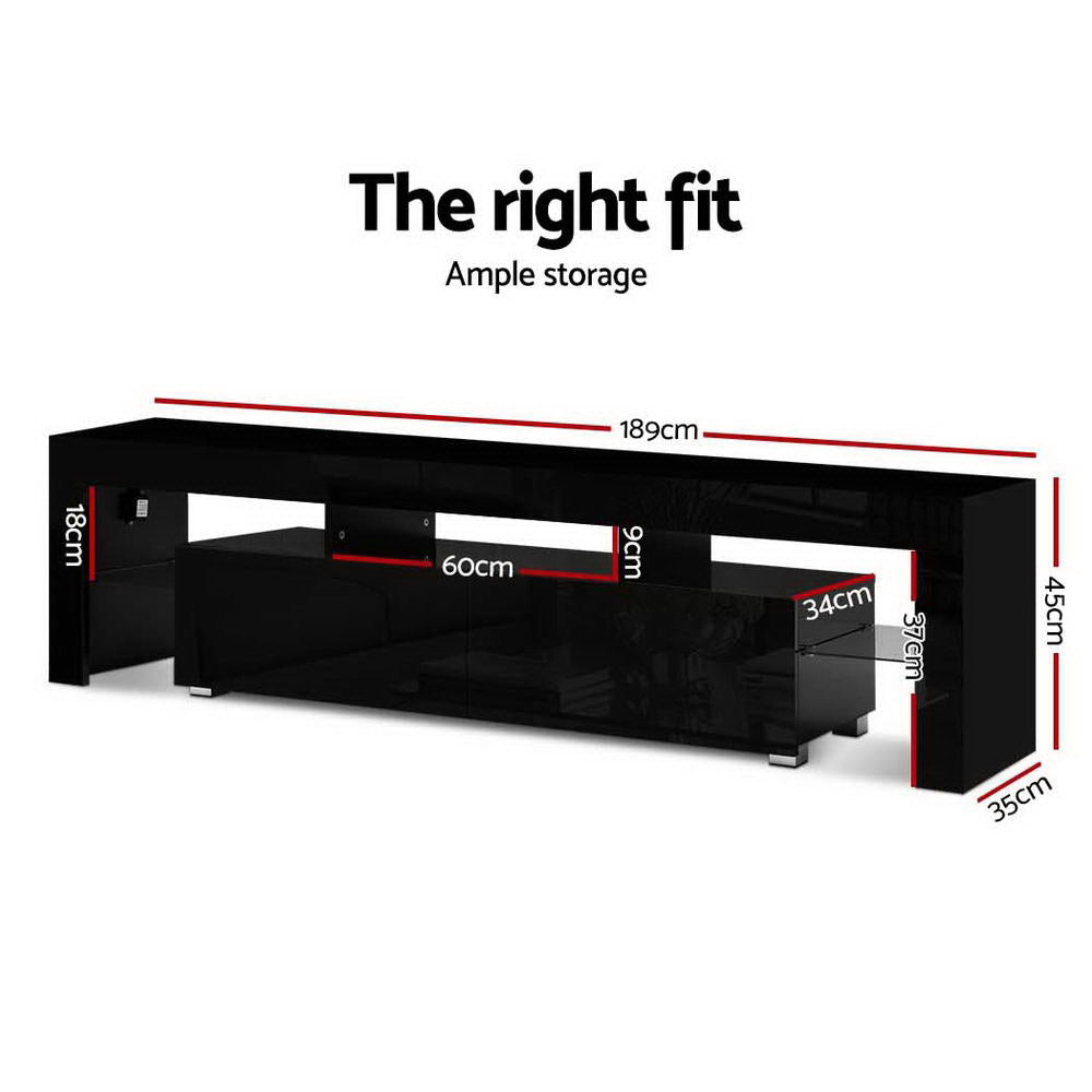 Moderne TV Meubel met RGB LED Verlichting 189 cm – Zwart Hoogglans Entertainment Unit met Lades en Glazen Plank