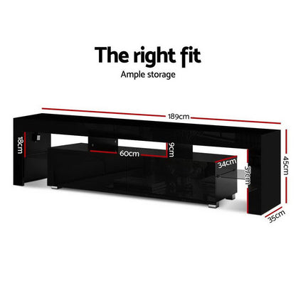 Moderne TV Meubel met RGB LED Verlichting 189 cm – Zwart Hoogglans Entertainment Unit met Lades en Glazen Plank