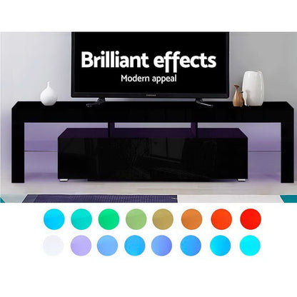 Moderne TV Meubel met RGB LED Verlichting 189 cm – Zwart Hoogglans Entertainment Unit met Lades en Glazen Plank