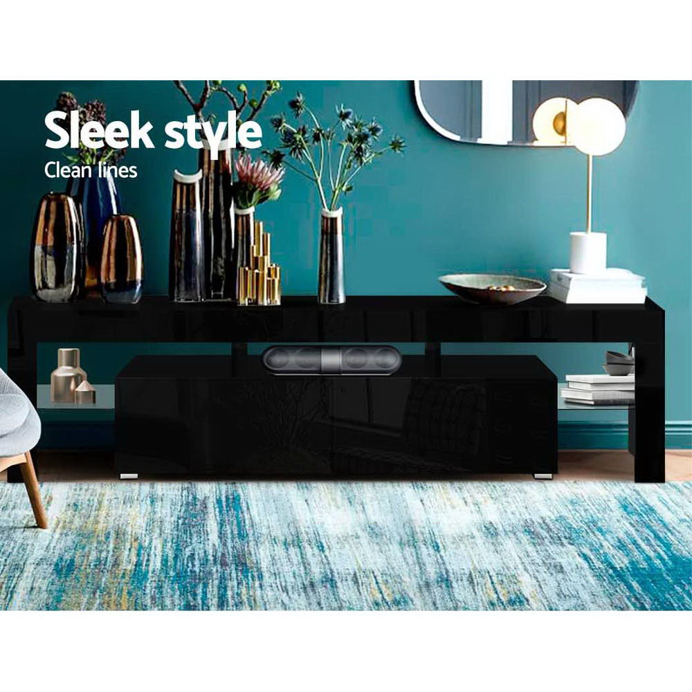 Moderne TV Meubel met RGB LED Verlichting 189 cm – Zwart Hoogglans Entertainment Unit met Lades en Glazen Plank