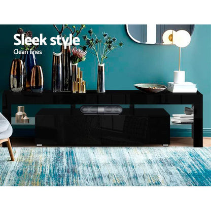 Moderne TV Meubel met RGB LED Verlichting 189 cm – Zwart Hoogglans Entertainment Unit met Lades en Glazen Plank
