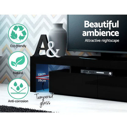 Moderne TV Meubel met RGB LED Verlichting 189 cm – Zwart Hoogglans Entertainment Unit met Lades en Glazen Plank