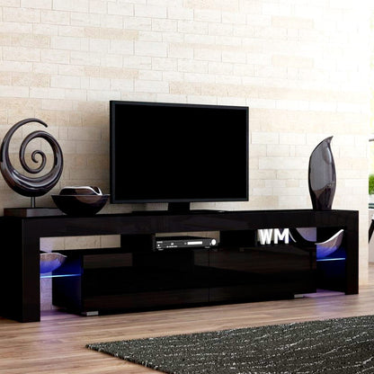 Moderne TV Meubel met RGB LED Verlichting 189 cm – Zwart Hoogglans Entertainment Unit met Lades en Glazen Plank